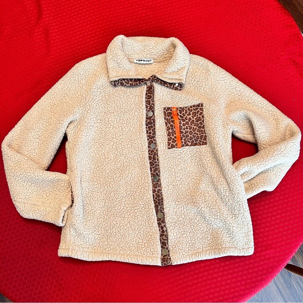 ECOWISH Women's Size Large Sherpa Fleece Coat Jacket Button Down Leopard Trim